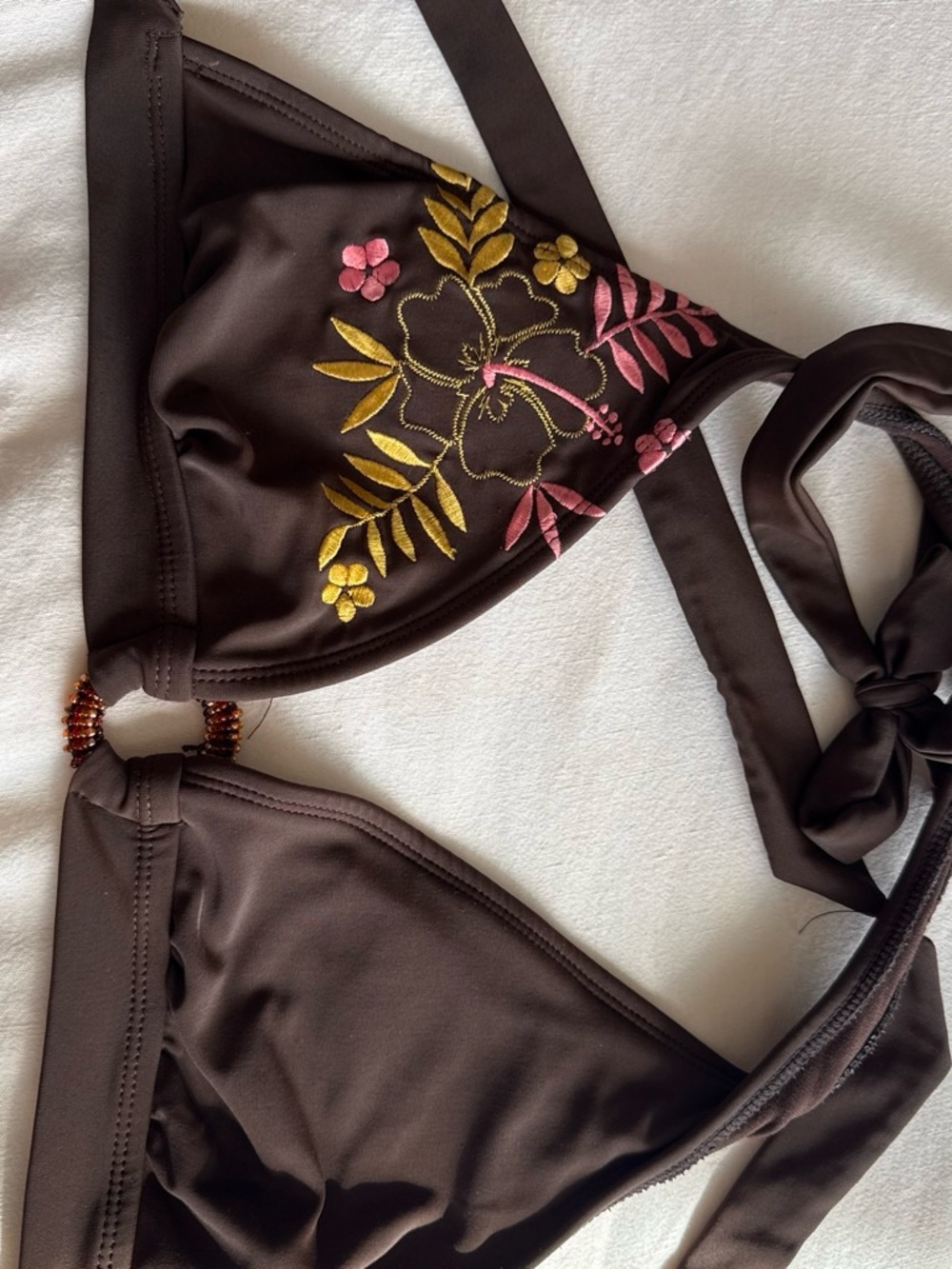 Faded Glory Brown Triangle Bikini Top with Pink & Gold Floral Embroidery